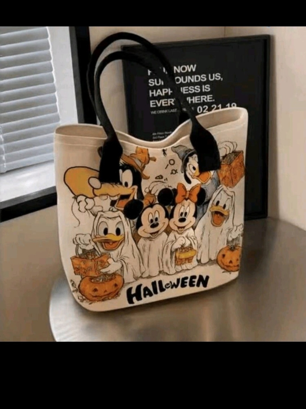 Disney Cream Canvas Halloween Tote with Black Handles and Orange Accents